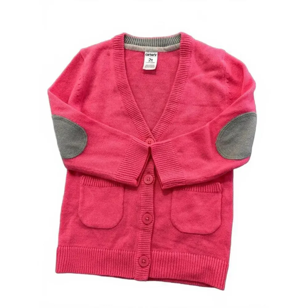 Carter's Cardigan Sweater Girls 2T Pink Knit Elbow Patch Pockets Button Front